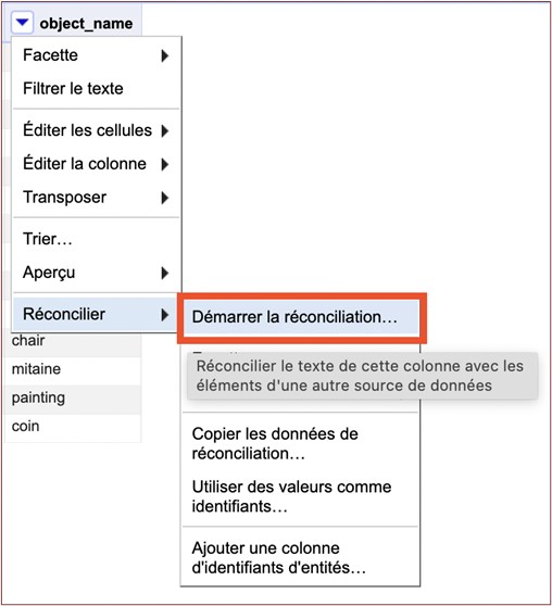 Menu d'OpenRefine pour démarrer la réconciliation