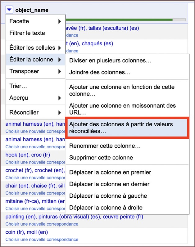 Menu d'OpenRefine pour ajouter des colonnes à partir des valeurs réconciliées