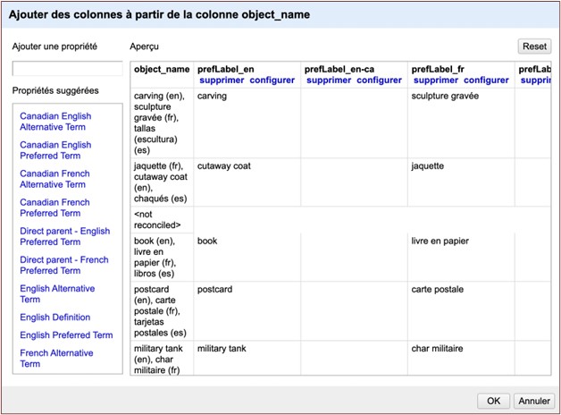 Fenêtre contextuelle d'OpenRefine pour sélectionner des propriétés additionnelles suggérées à partir du service de réconciliation