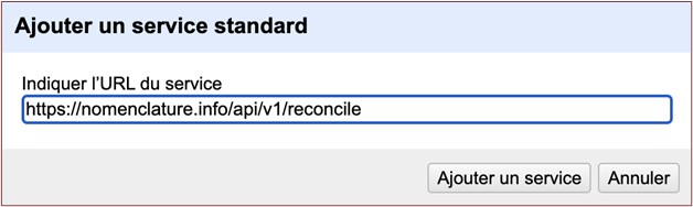 Fenêtre contextuelle du service de réconciliation d'OpenRefine pour entrer l'URL du service standard