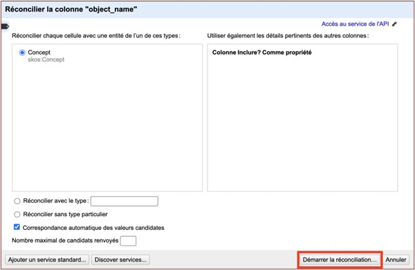 Fenêtre contextuelle du service de réconciliation d'OpenRefine avec le bouton en surbrillance pour démarrer la réconciliation