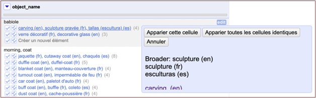 Infobulle d'OpenRefine au survol d'un candidat correspondant, montrant des termes génériques, des termes dans d'autres langues et une image si disponible