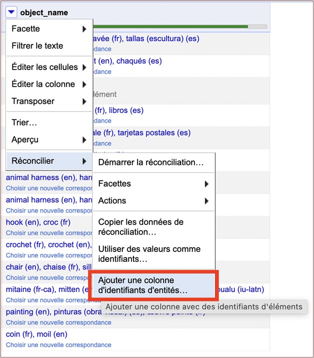 Menu d'OpenRefine pour ajouter une colonne des identifiants d'entités des termes réconciliés